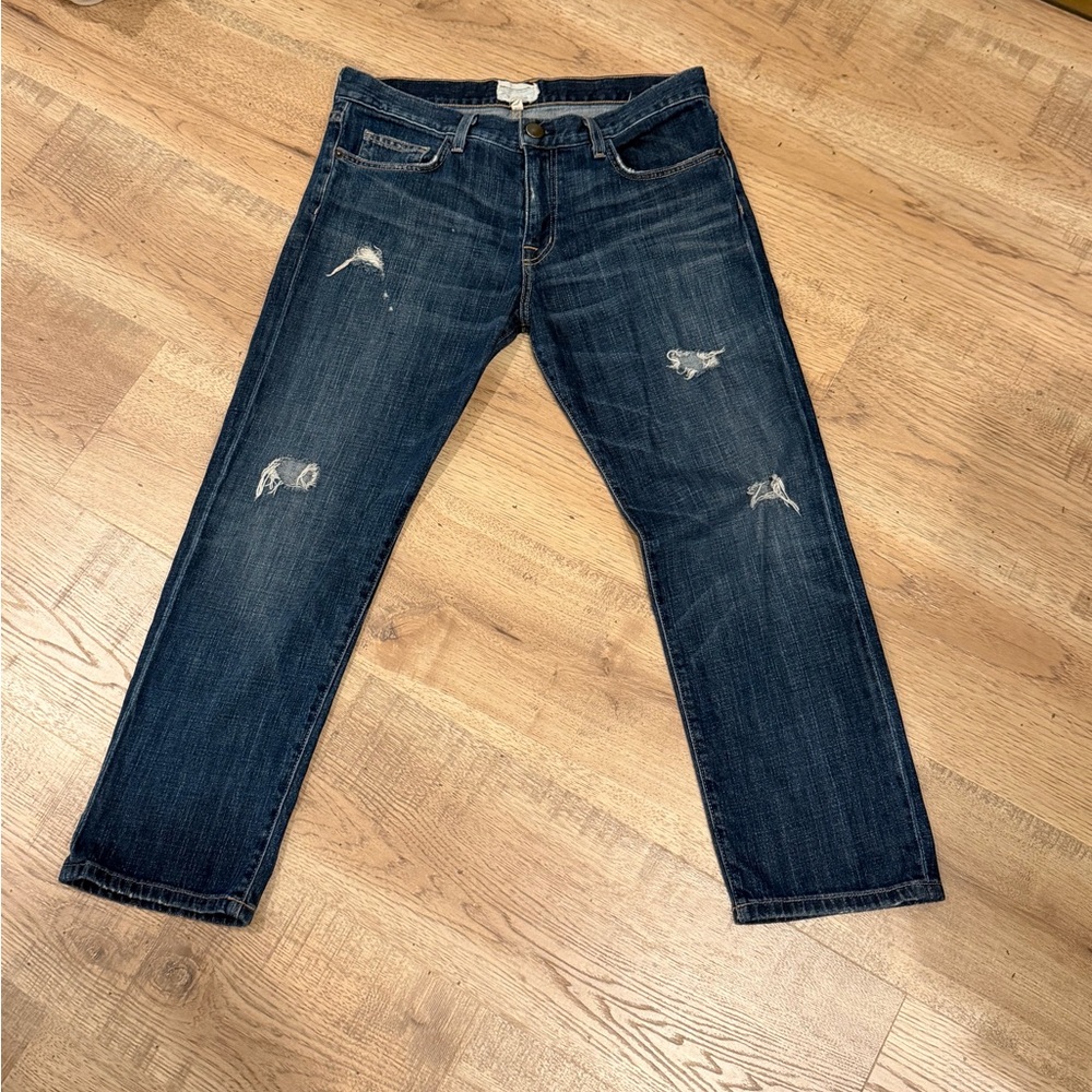Current/Elliott Dark Blue Distressed Straight Jeans